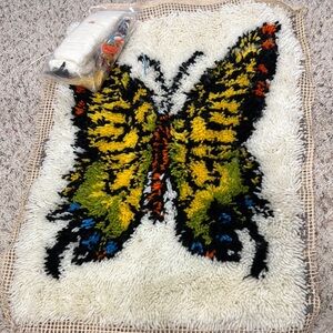 Vintage butterfly crewel rug wall art